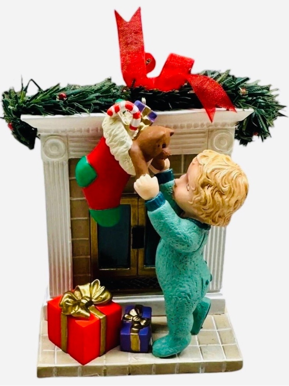 2004 Reaching for Christmas FireplaceHoliday with Red Stocking and Green Pajamas